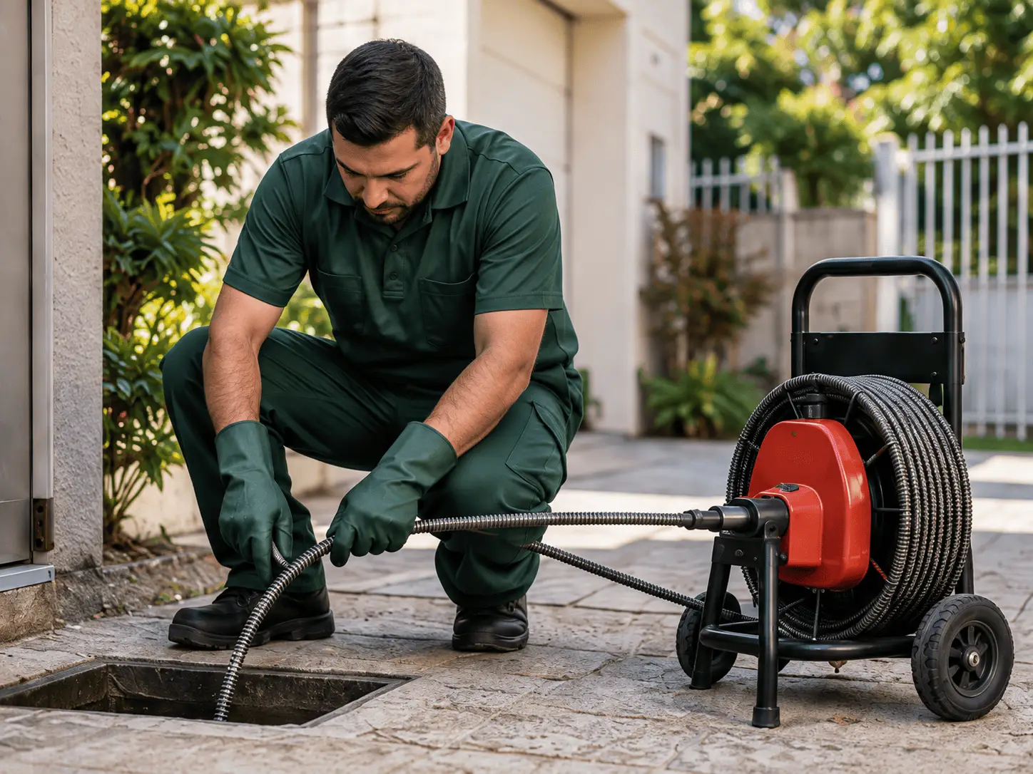 Ilustração de um profissional com equipamento de desentupimento em uma área residencial.